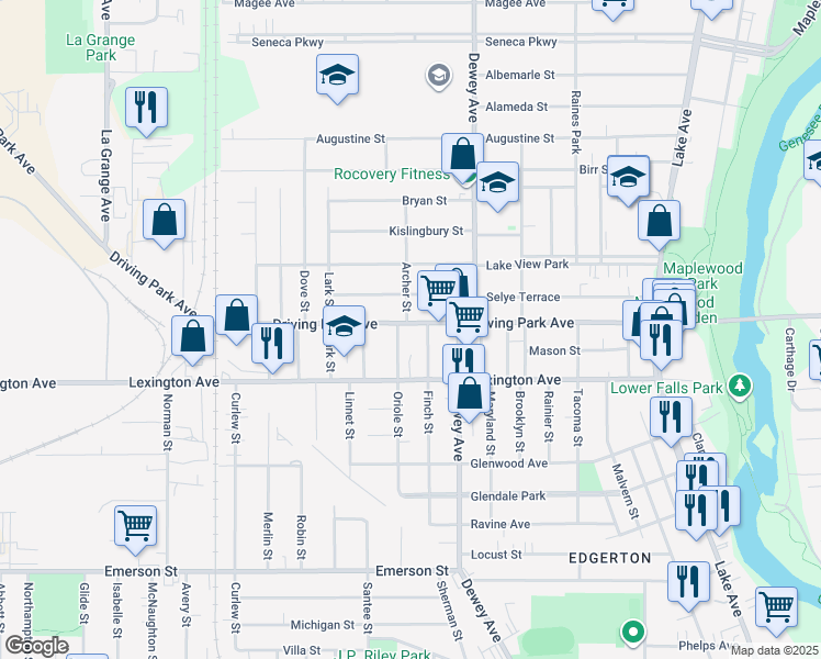 map of restaurants, bars, coffee shops, grocery stores, and more near 419 Driving Park Avenue in Rochester