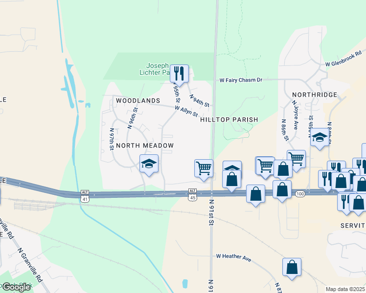 map of restaurants, bars, coffee shops, grocery stores, and more near 8970 North 95th Street in Milwaukee