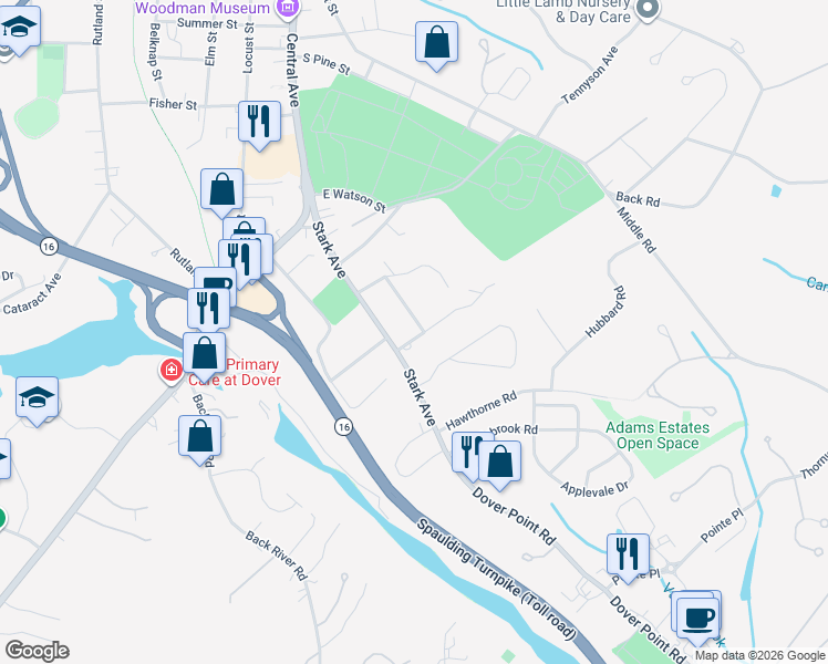 map of restaurants, bars, coffee shops, grocery stores, and more near 4 Woodland Road in Dover