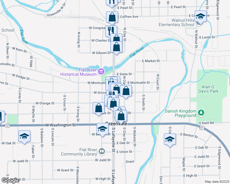 map of restaurants, bars, coffee shops, grocery stores, and more near 100 North Lafayette Street in Greenville