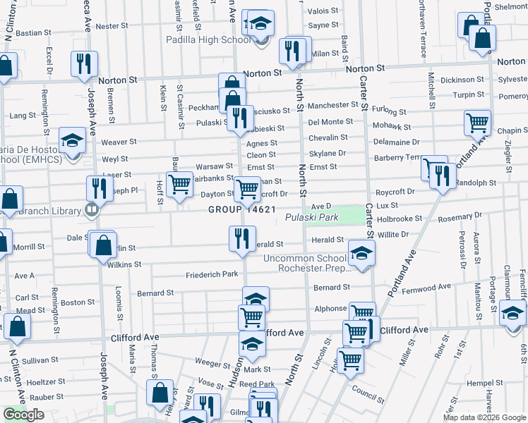 map of restaurants, bars, coffee shops, grocery stores, and more near 927 Avenue D in Rochester