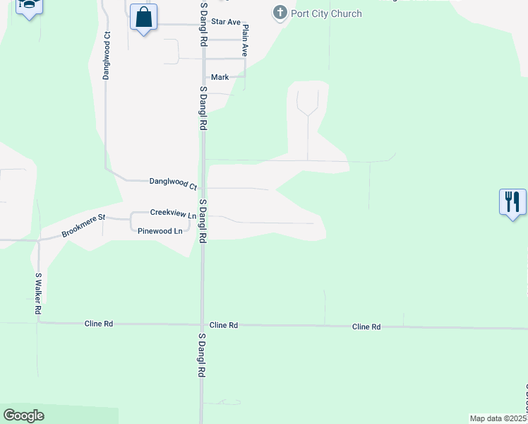 map of restaurants, bars, coffee shops, grocery stores, and more near 3368 Rambling Brook Road in Muskegon