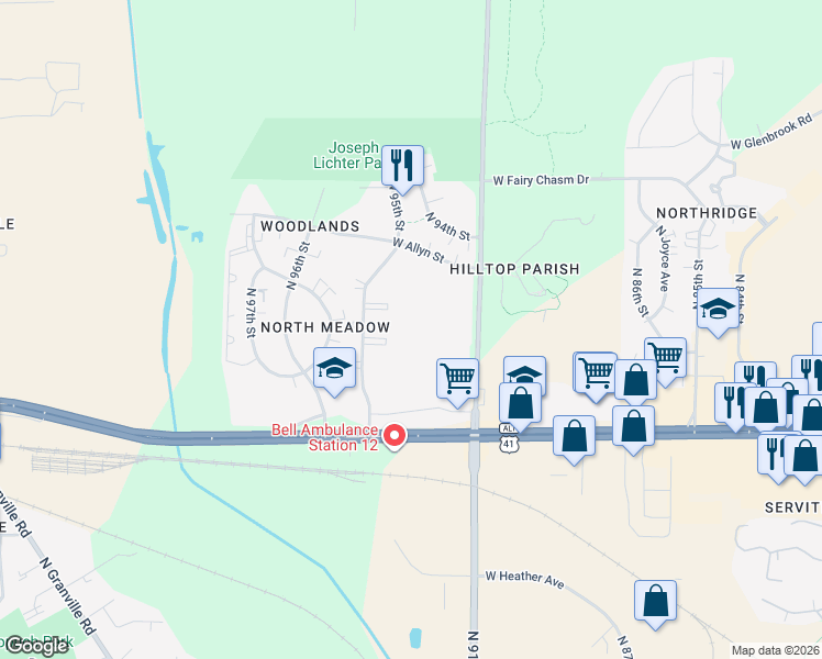 map of restaurants, bars, coffee shops, grocery stores, and more near 8970 North 95th Street in Milwaukee