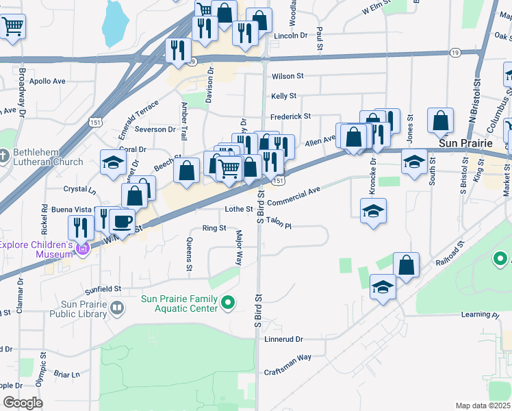 map of restaurants, bars, coffee shops, grocery stores, and more near 808 Lothe Street in Sun Prairie