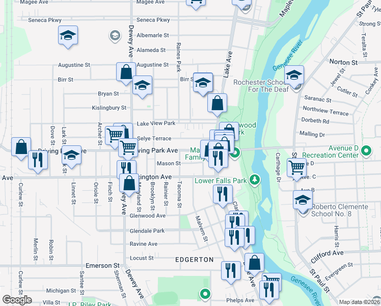 map of restaurants, bars, coffee shops, grocery stores, and more near 151 Driving Park Avenue in Rochester
