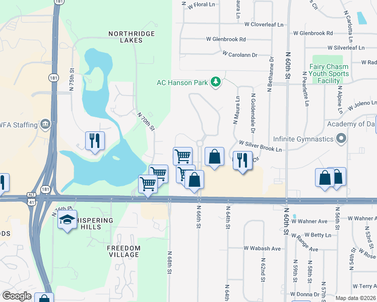 map of restaurants, bars, coffee shops, grocery stores, and more near 8901 North Park Plaza Court in Brown Deer