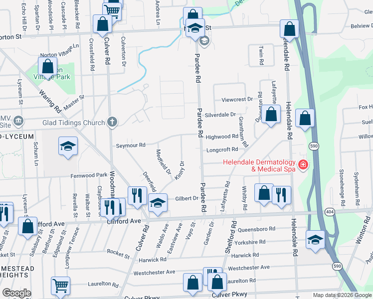 map of restaurants, bars, coffee shops, grocery stores, and more near 164 Kiniry Drive in Rochester