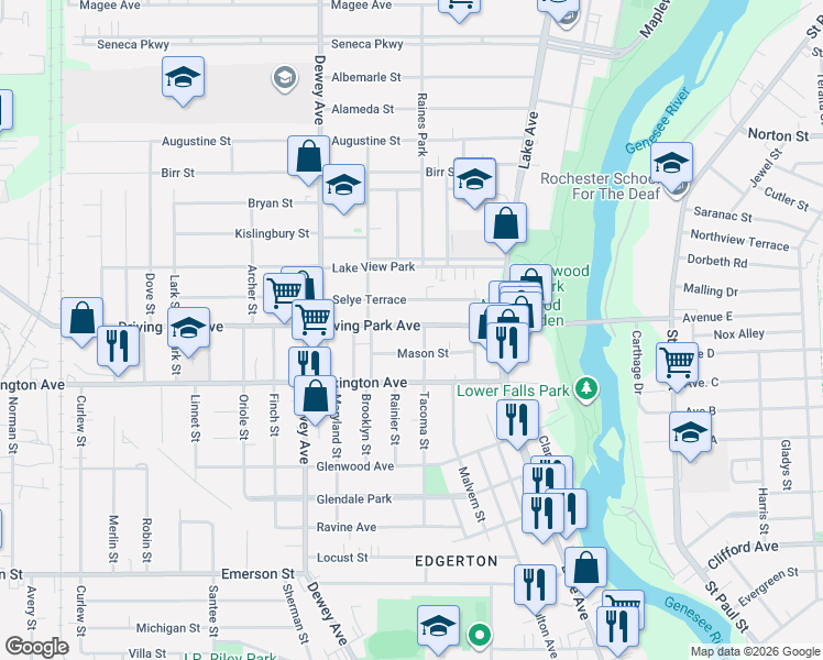 map of restaurants, bars, coffee shops, grocery stores, and more near 86 Mason Street in Rochester