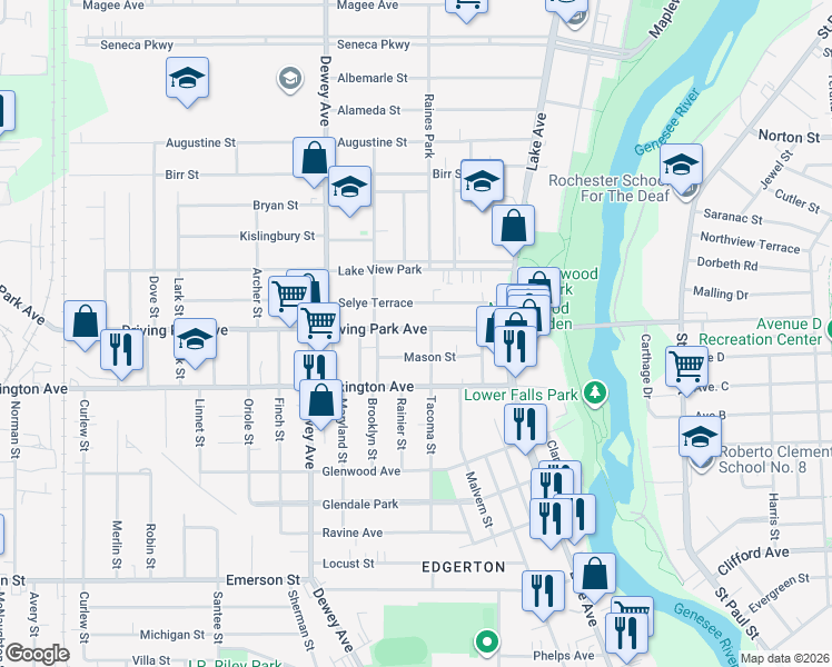 map of restaurants, bars, coffee shops, grocery stores, and more near 86 Mason Street in Rochester