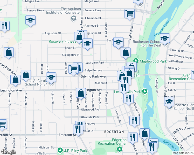 map of restaurants, bars, coffee shops, grocery stores, and more near in Rochester