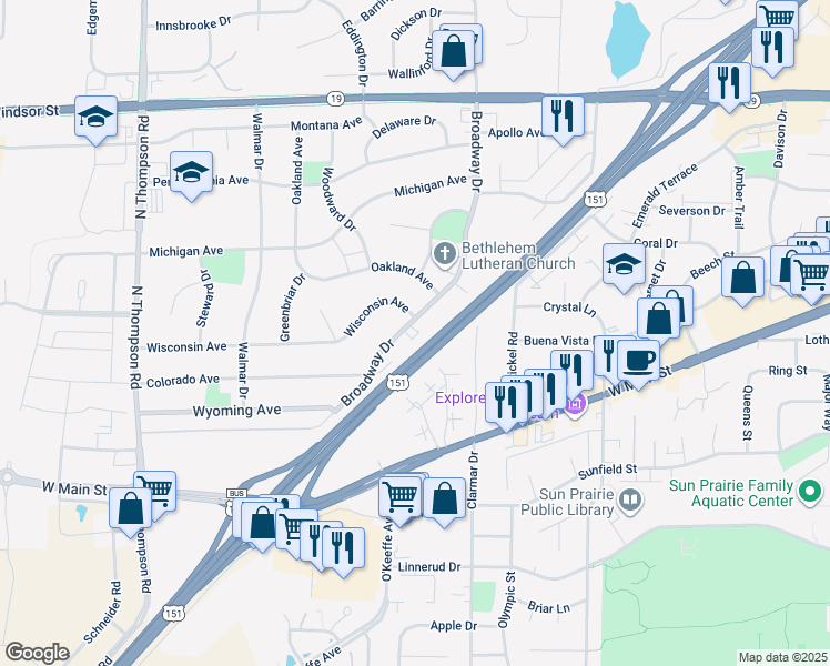 map of restaurants, bars, coffee shops, grocery stores, and more near 229 Broadway Drive in Sun Prairie