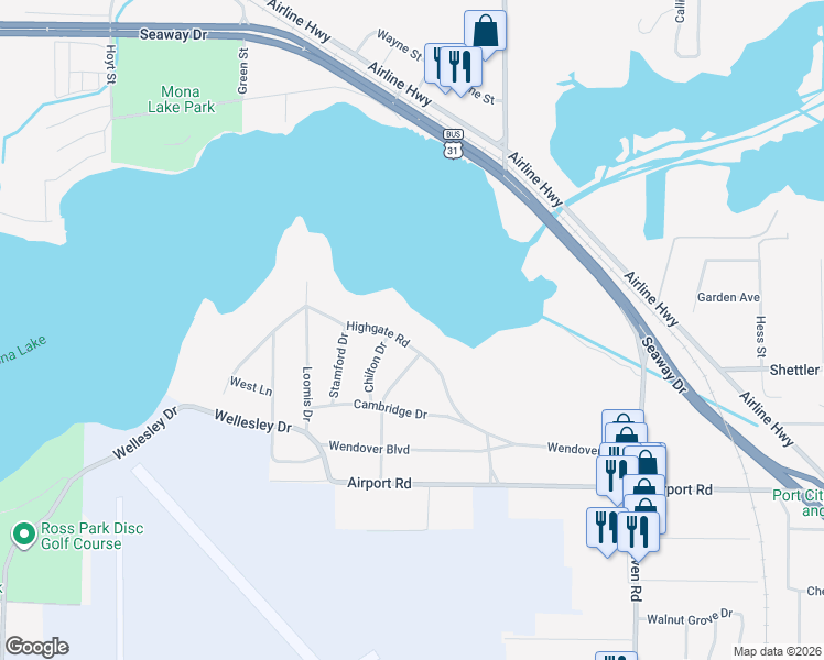 map of restaurants, bars, coffee shops, grocery stores, and more near 3930 Highgate Road in Norton Shores