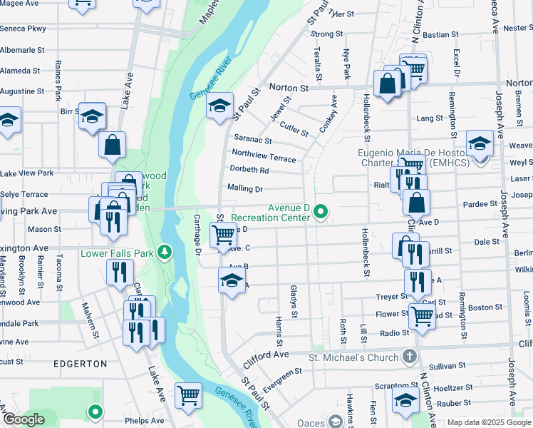 map of restaurants, bars, coffee shops, grocery stores, and more near 133 Nox Alley in Rochester