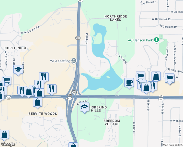 map of restaurants, bars, coffee shops, grocery stores, and more near 7313 West Marine Drive in Milwaukee