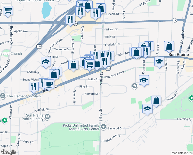 map of restaurants, bars, coffee shops, grocery stores, and more near 808 Lothe Street in Sun Prairie