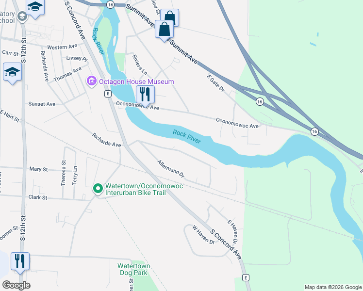 map of restaurants, bars, coffee shops, grocery stores, and more near 1309 Richards Avenue in Watertown