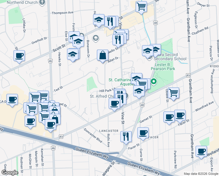 map of restaurants, bars, coffee shops, grocery stores, and more near 97 Hill Park Lane in St. Catharines