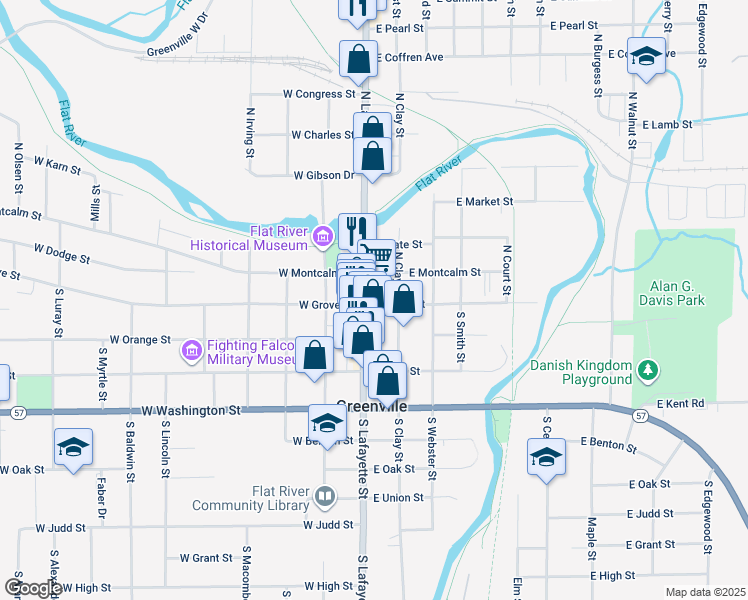 map of restaurants, bars, coffee shops, grocery stores, and more near 100 North Lafayette Street in Greenville