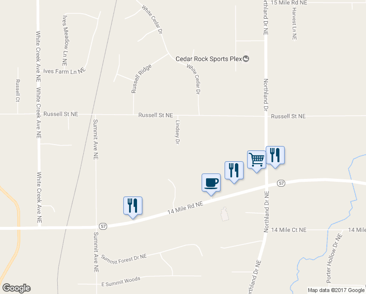 map of restaurants, bars, coffee shops, grocery stores, and more near 11870 Lindsey Drive in Cedar Springs