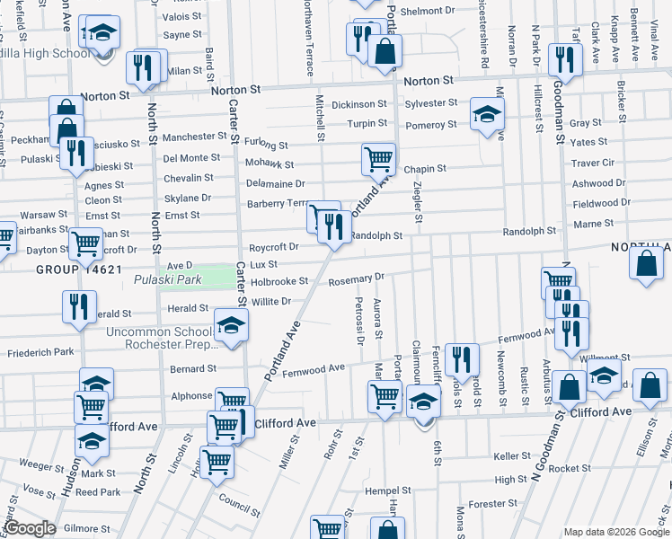 map of restaurants, bars, coffee shops, grocery stores, and more near 147 Lux Street in Rochester