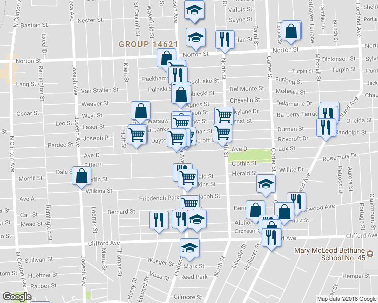 map of restaurants, bars, coffee shops, grocery stores, and more near 905 Avenue D in Rochester