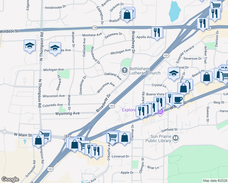 map of restaurants, bars, coffee shops, grocery stores, and more near 229 Broadway Drive in Sun Prairie