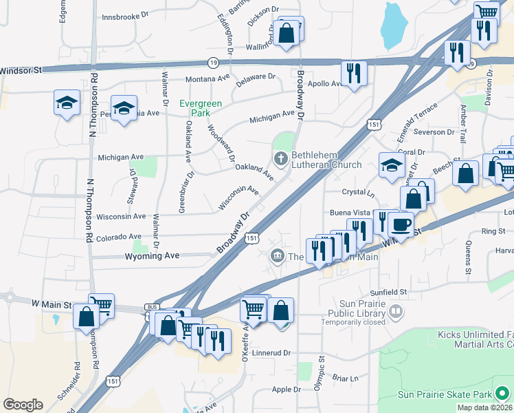 map of restaurants, bars, coffee shops, grocery stores, and more near 239 Broadway Drive in Sun Prairie