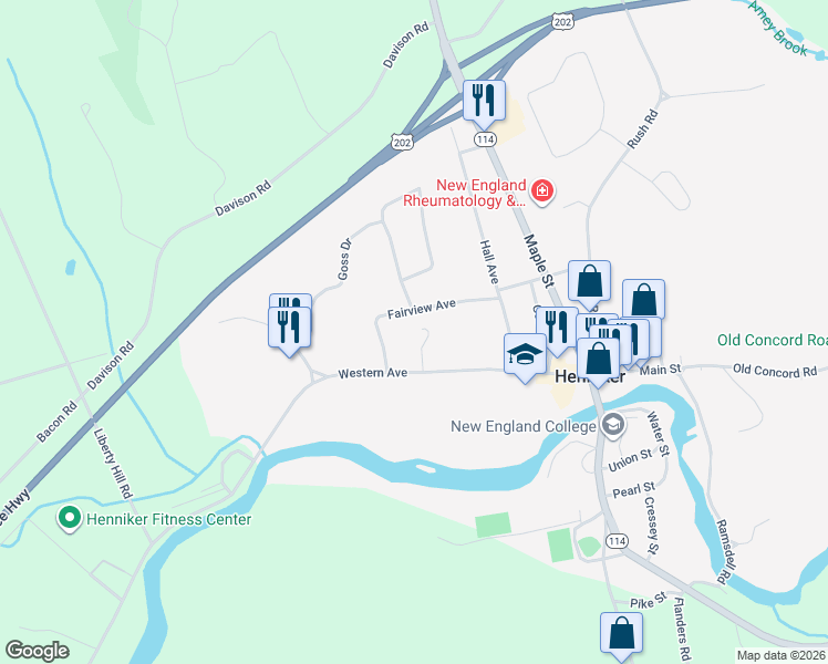 map of restaurants, bars, coffee shops, grocery stores, and more near 176 Western Avenue in Henniker