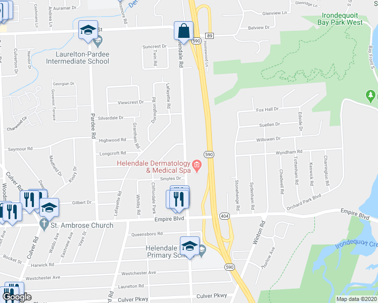 map of restaurants, bars, coffee shops, grocery stores, and more near 529 Helendale Road in Rochester