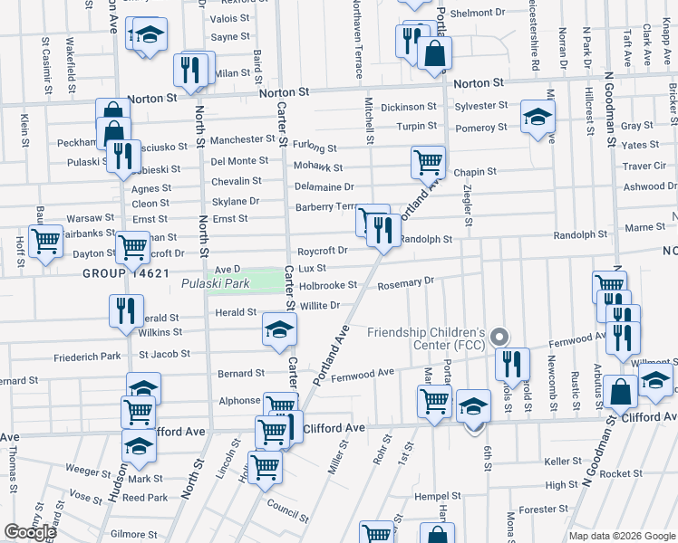 map of restaurants, bars, coffee shops, grocery stores, and more near 84 Holbrooke Street in Rochester