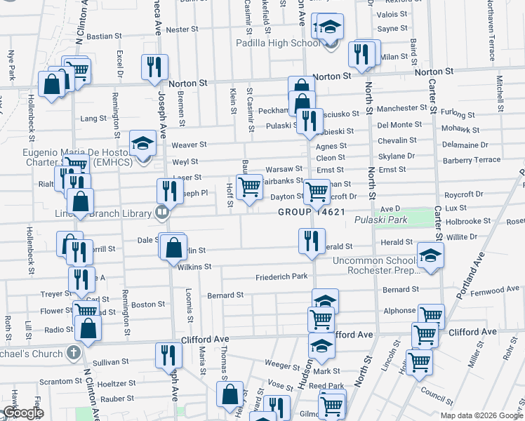 map of restaurants, bars, coffee shops, grocery stores, and more near 763 Avenue D in Rochester