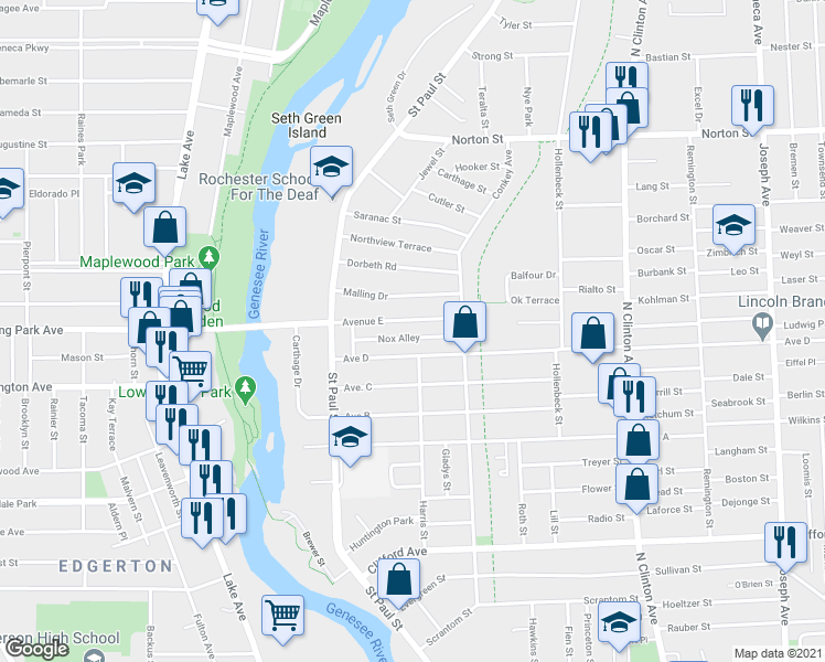 map of restaurants, bars, coffee shops, grocery stores, and more near 104 Avenue D in Rochester