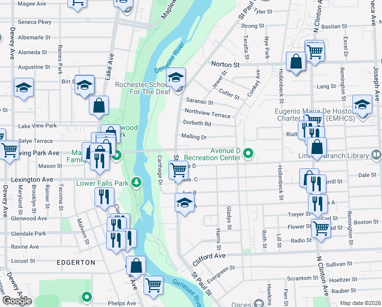 map of restaurants, bars, coffee shops, grocery stores, and more near 54 Avenue D in Rochester