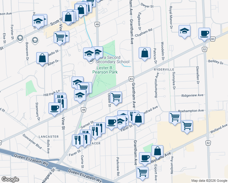map of restaurants, bars, coffee shops, grocery stores, and more near 446 Carlton Street in St. Catharines