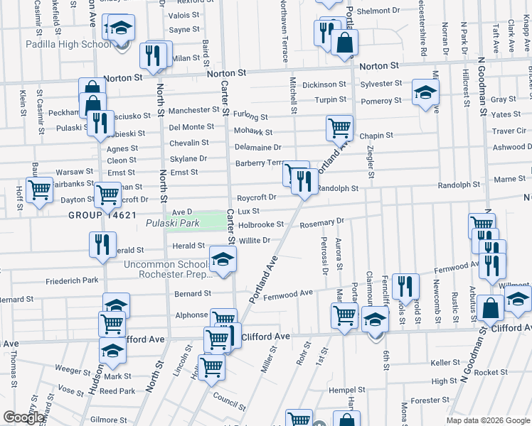 map of restaurants, bars, coffee shops, grocery stores, and more near 69 Lux Street in Rochester
