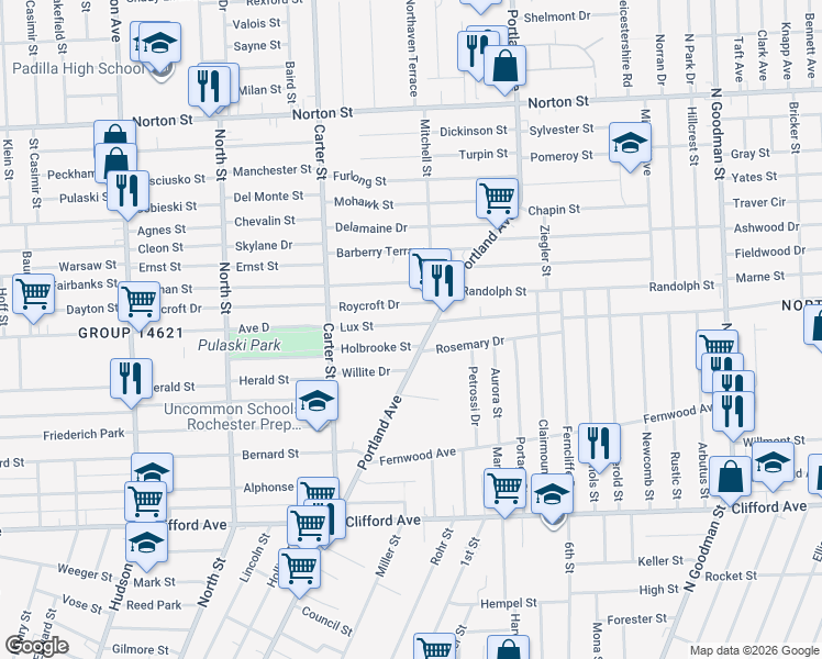 map of restaurants, bars, coffee shops, grocery stores, and more near 101 Lux Street in Rochester