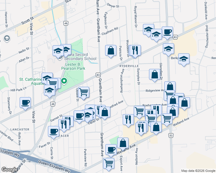 map of restaurants, bars, coffee shops, grocery stores, and more near in St. Catharines