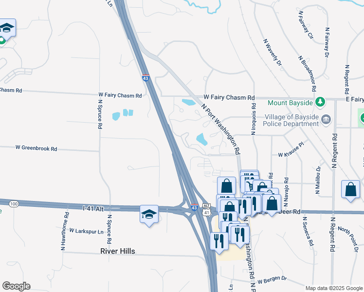 map of restaurants, bars, coffee shops, grocery stores, and more near 9100 North White Oak Lane in Bayside