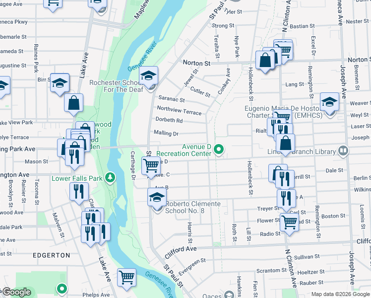 map of restaurants, bars, coffee shops, grocery stores, and more near 175 Avenue East in Rochester