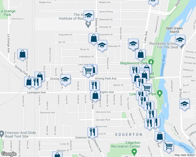map of restaurants, bars, coffee shops, grocery stores, and more near Driving Park Avenue & Broezel Street in Rochester