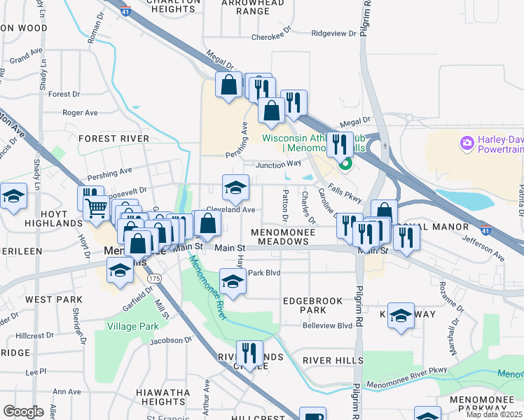 map of restaurants, bars, coffee shops, grocery stores, and more near Madison Avenue in Menomonee Falls