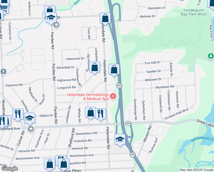 map of restaurants, bars, coffee shops, grocery stores, and more near 529 Helendale Road in Rochester