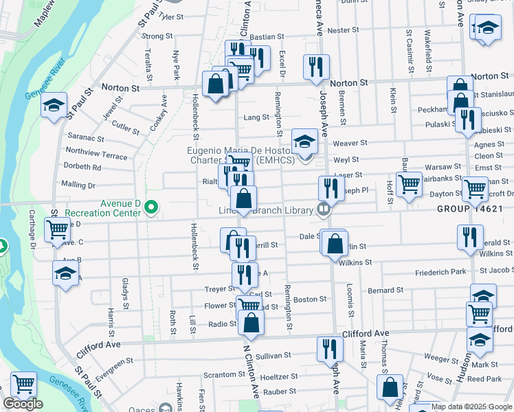 map of restaurants, bars, coffee shops, grocery stores, and more near 24 Bismark Terrace in Rochester