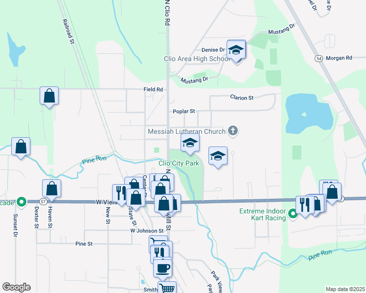 map of restaurants, bars, coffee shops, grocery stores, and more near 420 North Mill Street in Clio