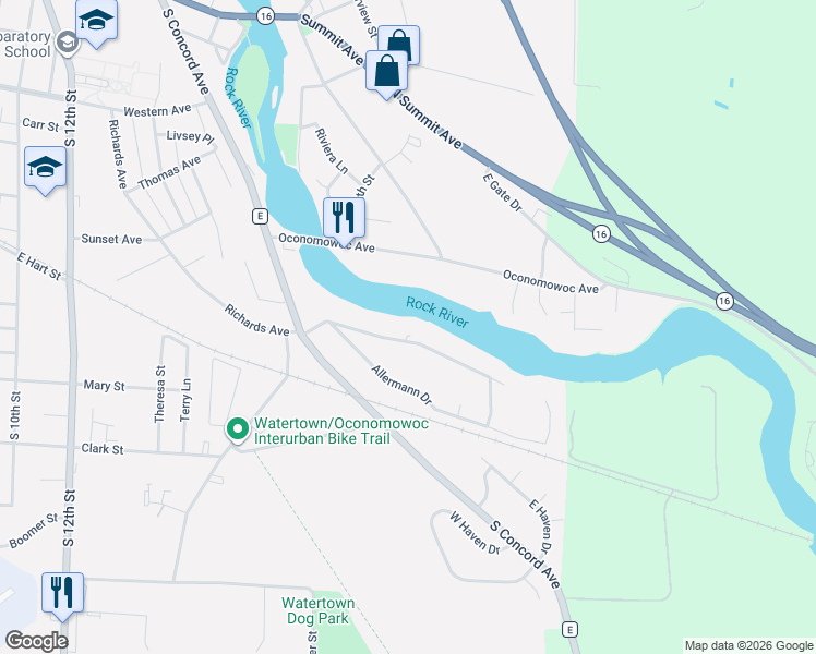 map of restaurants, bars, coffee shops, grocery stores, and more near 1309 Richards Avenue in Watertown