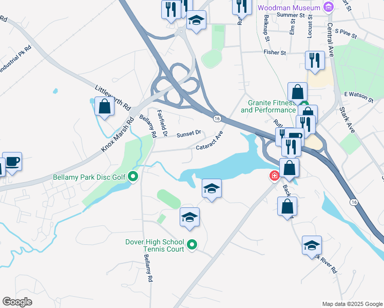 map of restaurants, bars, coffee shops, grocery stores, and more near 15 Porch Light Drive in Dover