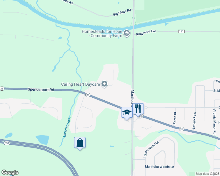 map of restaurants, bars, coffee shops, grocery stores, and more near 16 Hiawatha Trail in Spencerport