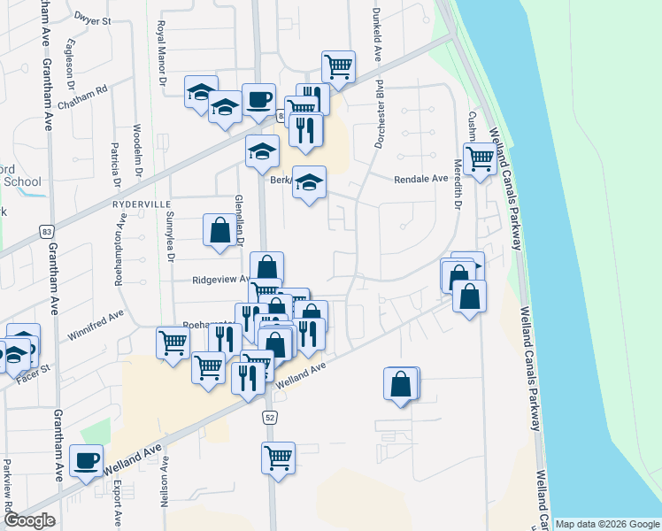 map of restaurants, bars, coffee shops, grocery stores, and more near 65 Dorchester Boulevard in St. Catharines