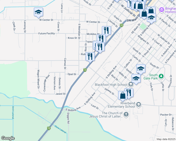 map of restaurants, bars, coffee shops, grocery stores, and more near 2-98 West Walker Street in Blackfoot