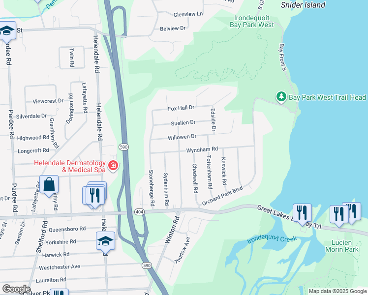 map of restaurants, bars, coffee shops, grocery stores, and more near 1800 Winton Road North in Irondequoit